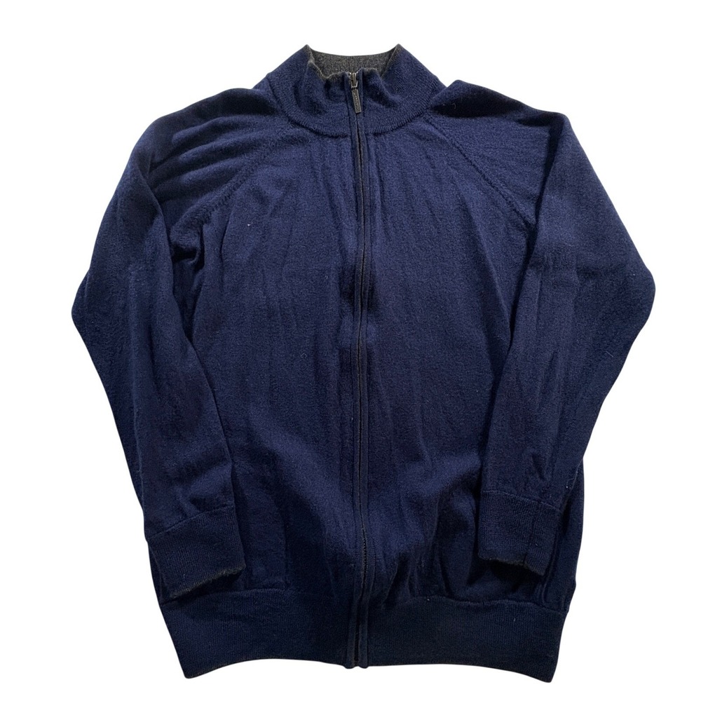 Jeremy Argyle NYC Merino Wool Full Zip Sweater Mens Large Navy Blue Mock Neck